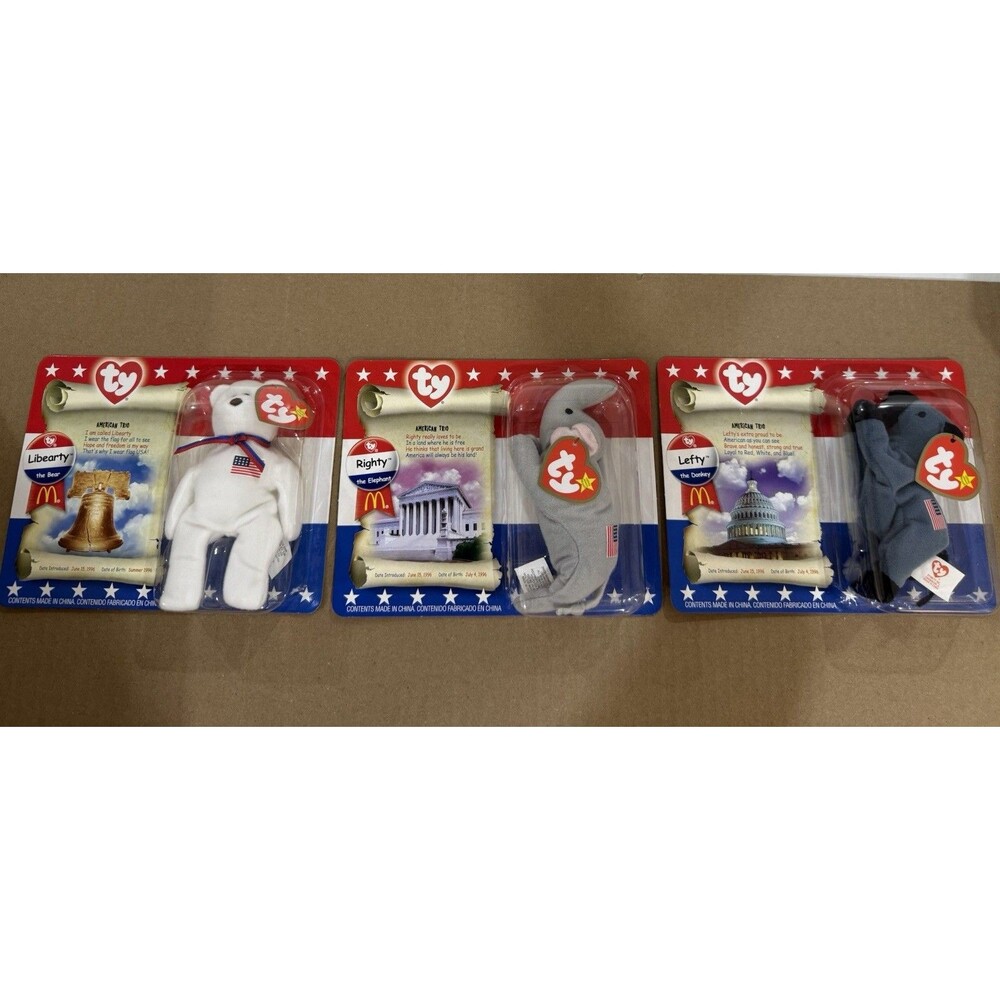 2000 McDonalds Ty Beanie Babies American Trio Lefty Righty & Libearty NEW